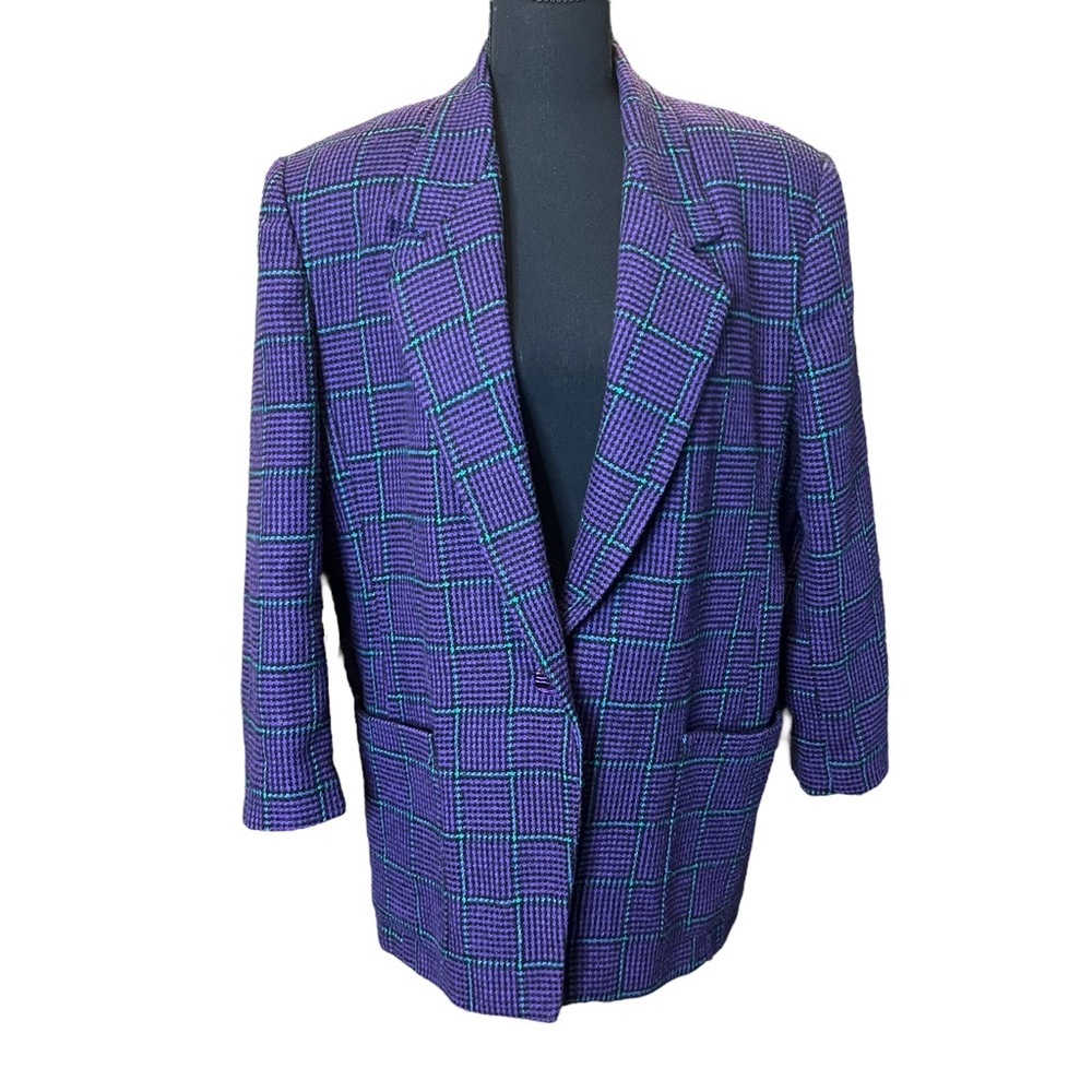 VINTAGE Norton Women’s Blazer Wool 1980s Purple, Black, Teal Plaid